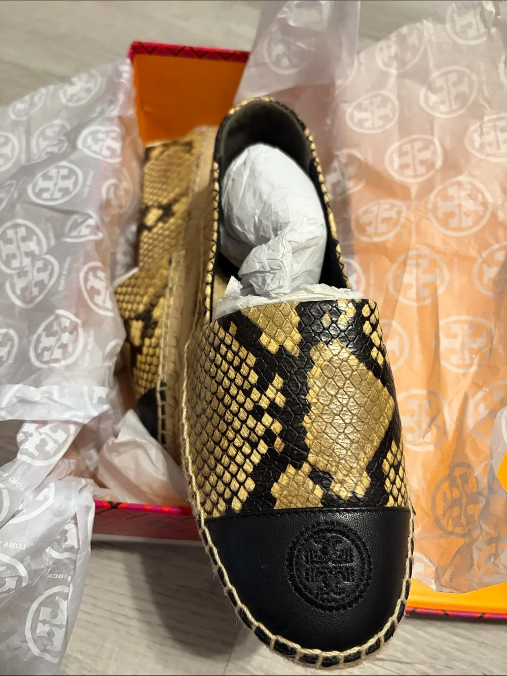 Tory Burch Yellow and Black Snake-Print Espadrille Slip-Ons